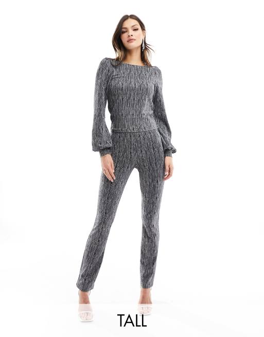 JDY Tall - Top nero e argento glitterato con scollo ampio sul retro e maniche a sbuffo in coordinato