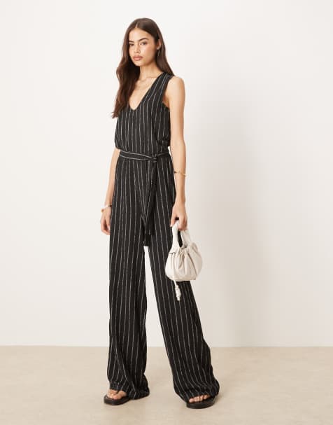 JDY Tall - Tuta jumpsuit nera e bianca gessata allacciata in vita - view 1