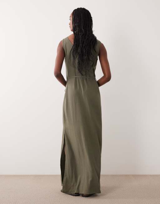 JDY Tall - Vestito lungo in misto lino kaki allacciato in vita, 2 di 4