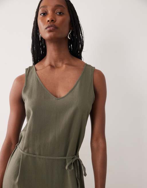 JDY Tall - Vestito lungo in misto lino kaki allacciato in vita, 3 di 4