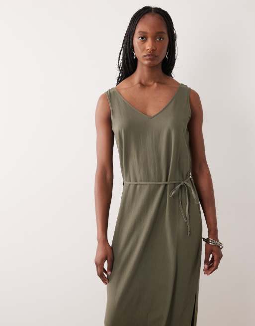 JDY Tall - Vestito lungo in misto lino kaki allacciato in vita, 4 di 4