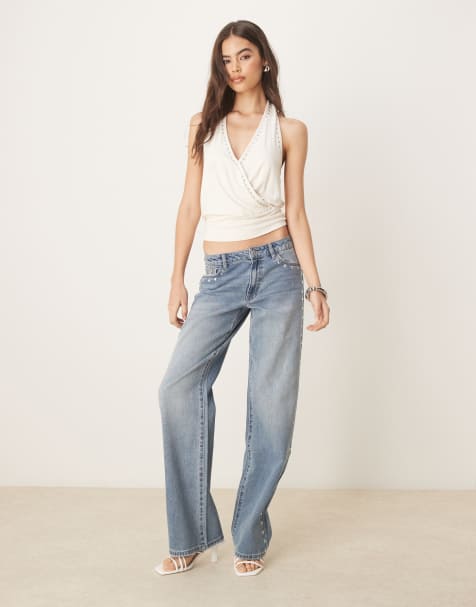 JDY Tall western wide leg jeans with studs detail in light blue wash - view 1