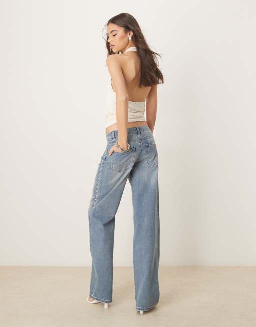 JDY Tall western wide leg jeans with studs detailing in light blue wash    