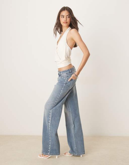 JDY Tall western wide leg jeans with studs detailing in light blue wash    , 3 of 5