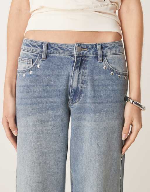 JDY Tall western wide leg jeans with studs detailing in light blue wash    