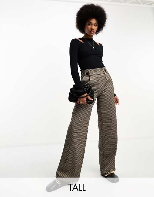 JDY Tall wide leg button detail pants in brown check | ASOS