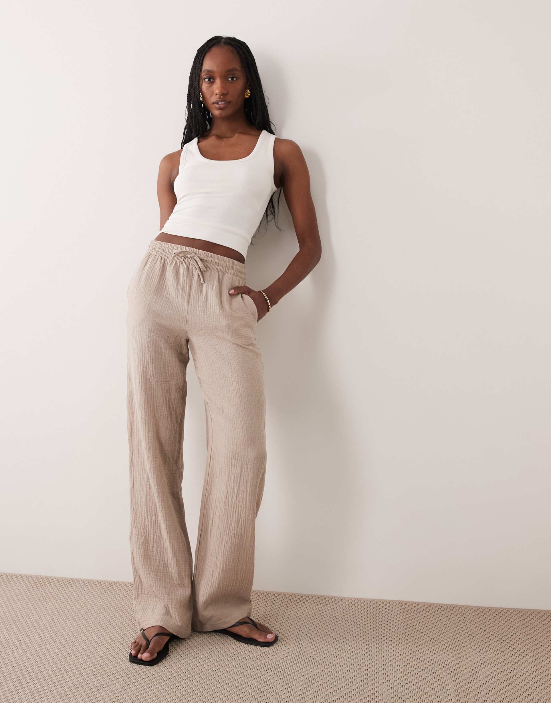 jdy tall wide leg cheesecloth pants in beige