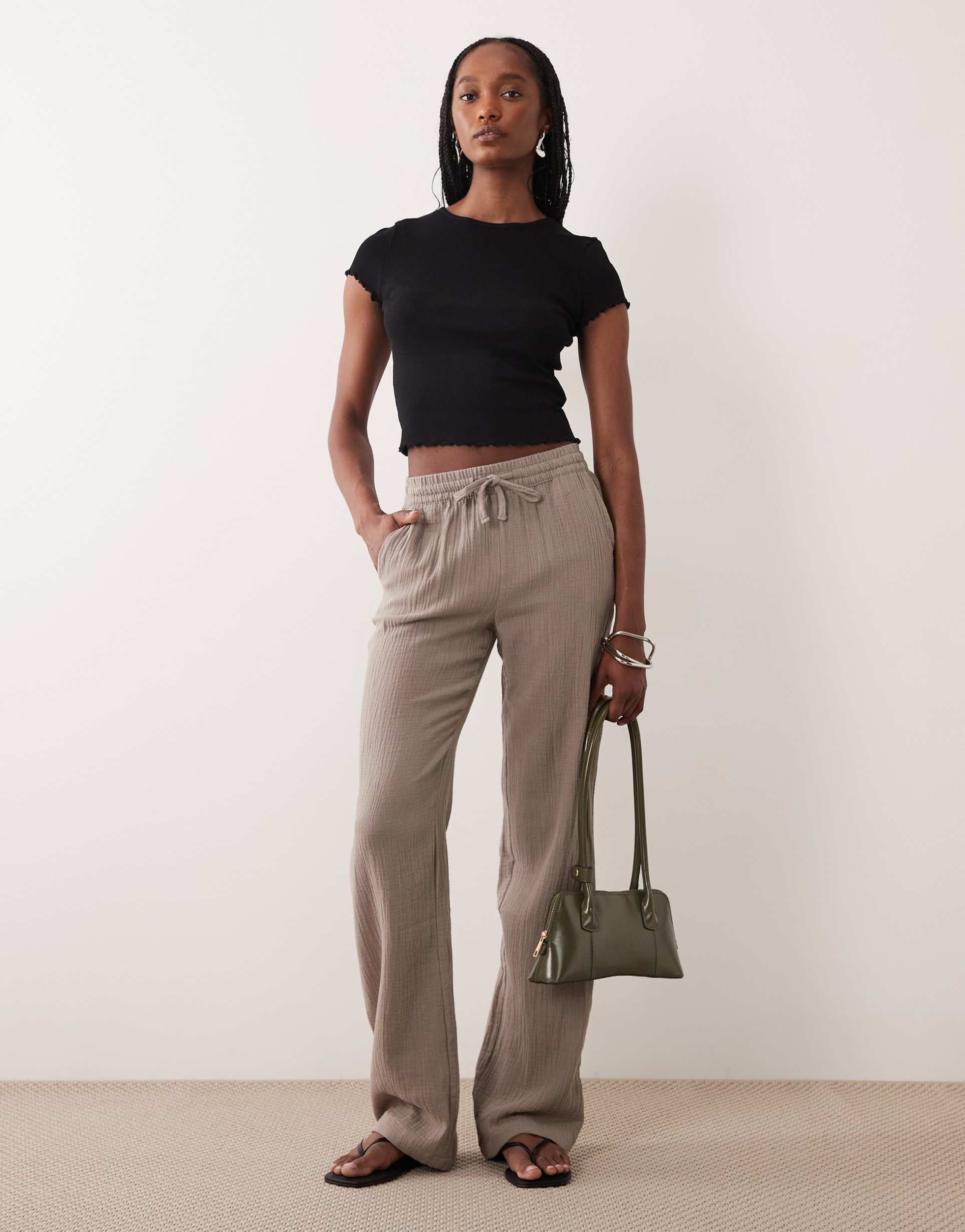 jdy tall wide leg cheesecloth pants in brown