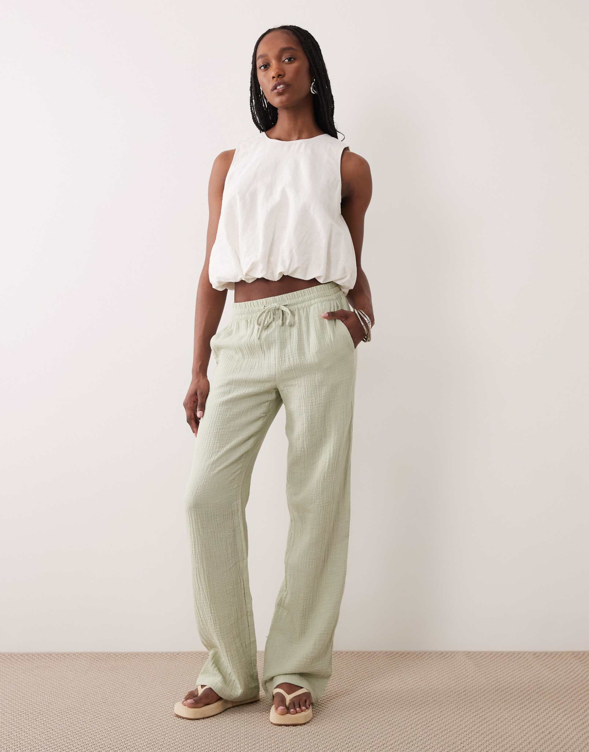 jdy tall wide leg cheesecloth pants in sage green