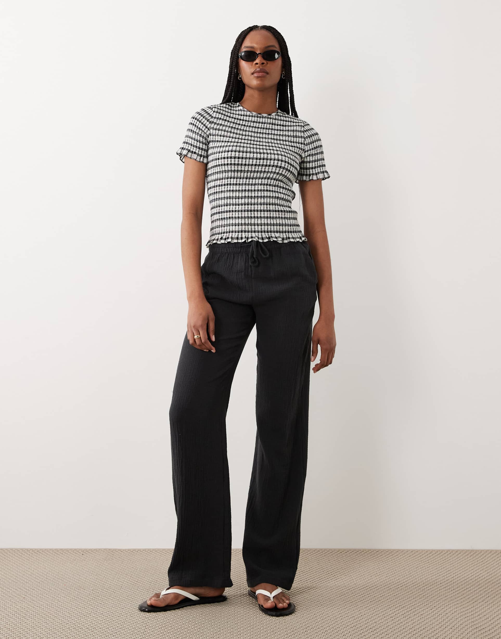 jdy tall wide leg cheesecloth pants in washed black