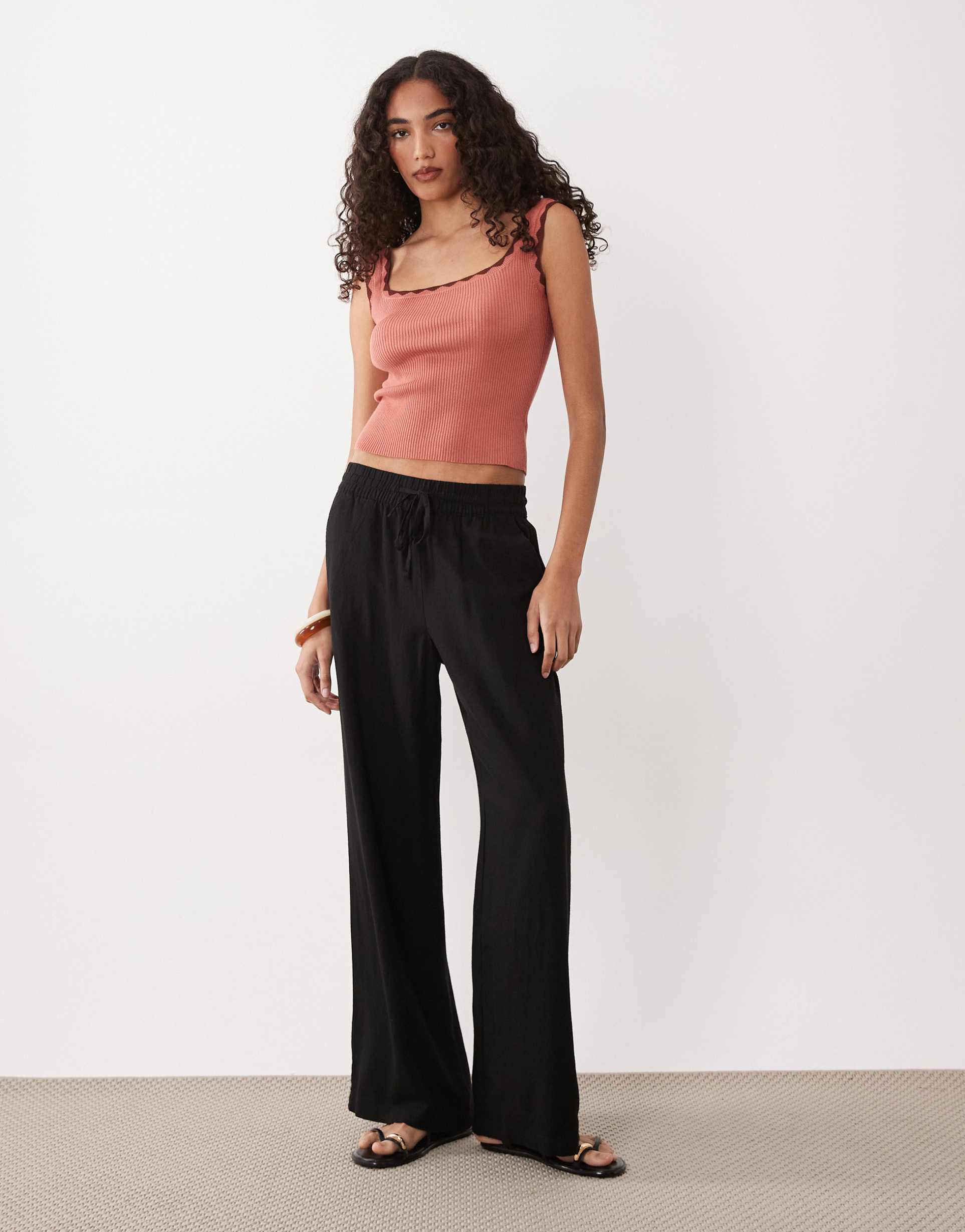 jdy tall wide leg linen blend pants in black