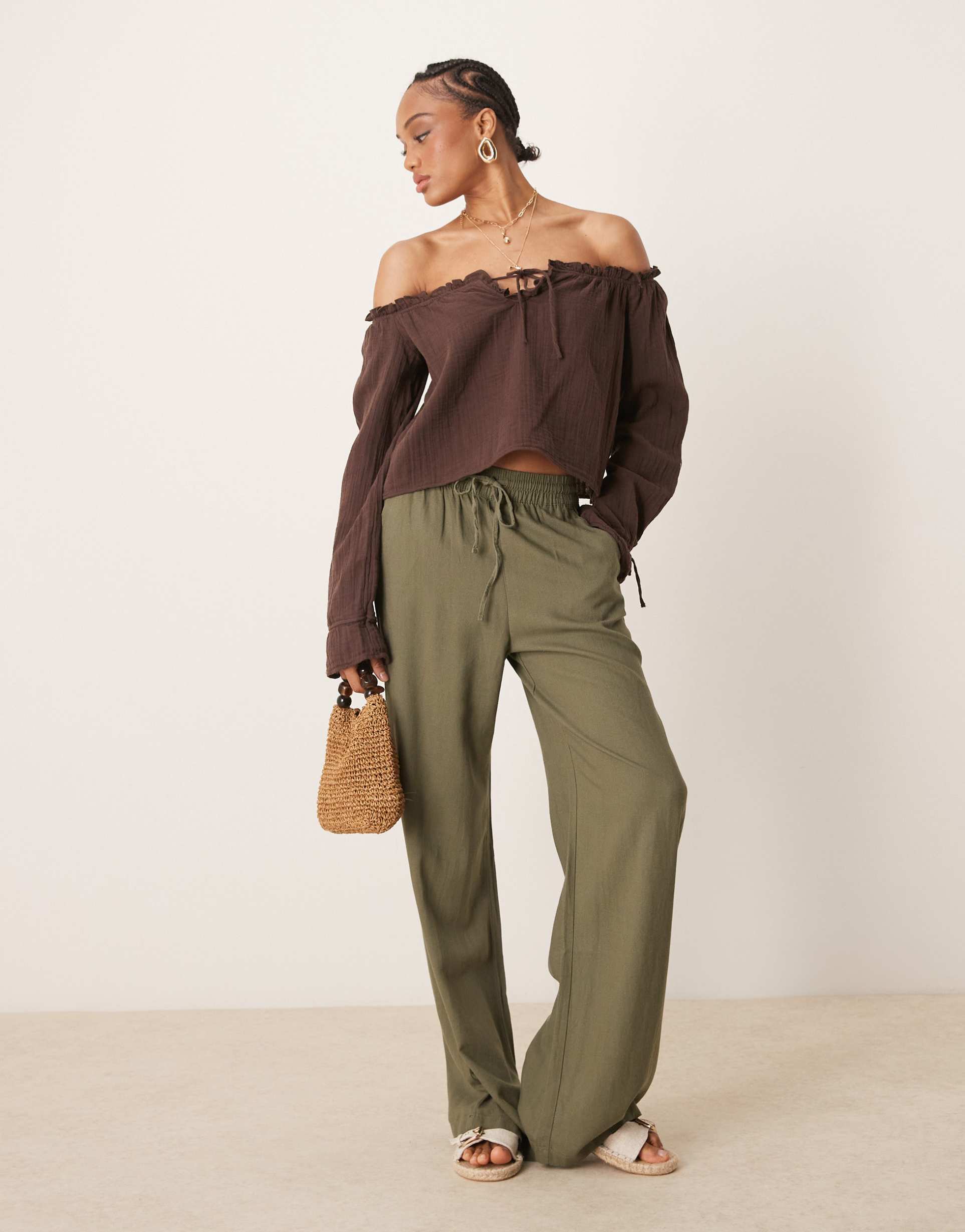 jdy tall wide leg linen mix pants in khaki