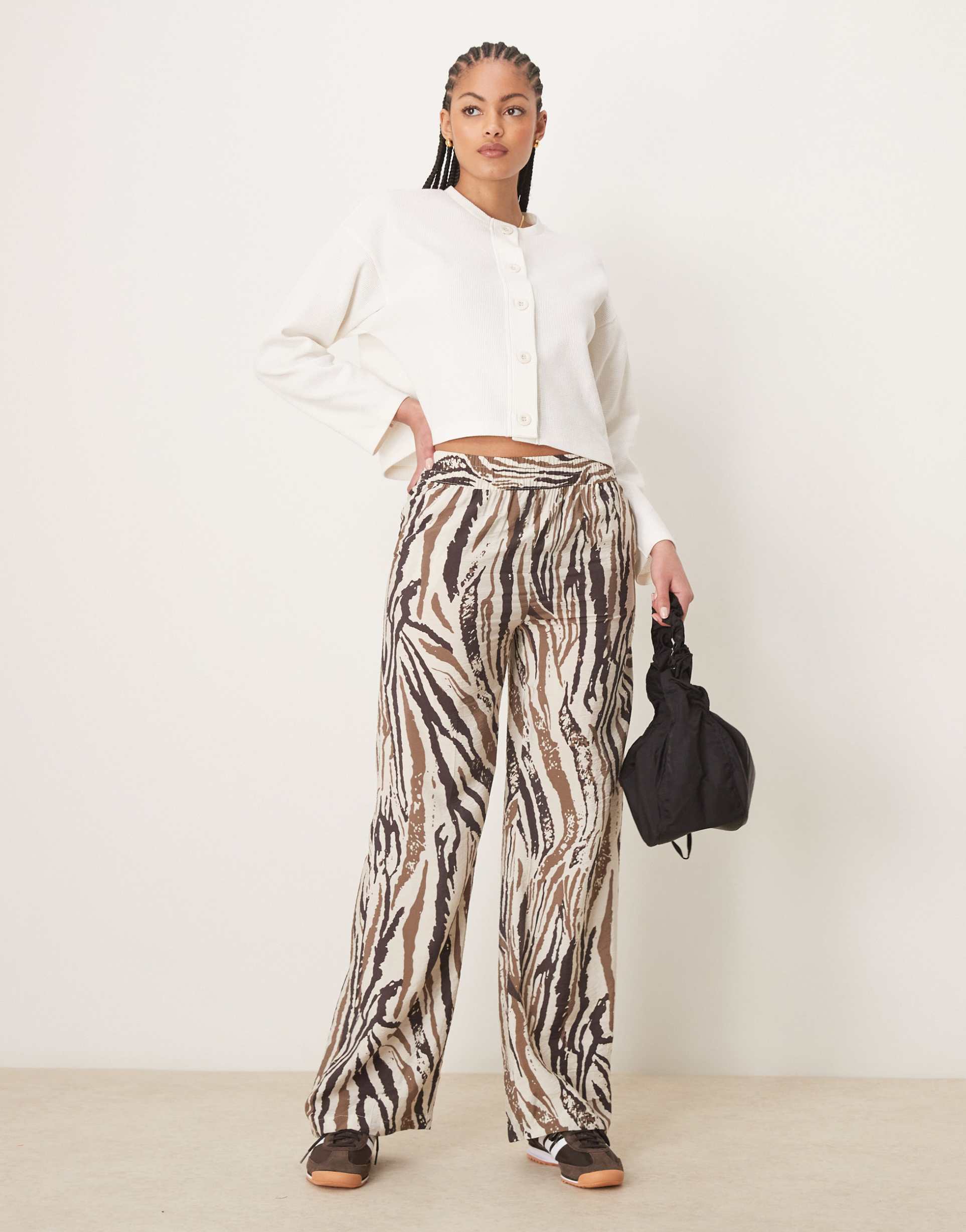 jdy tall wide leg pants in abstract zebra print