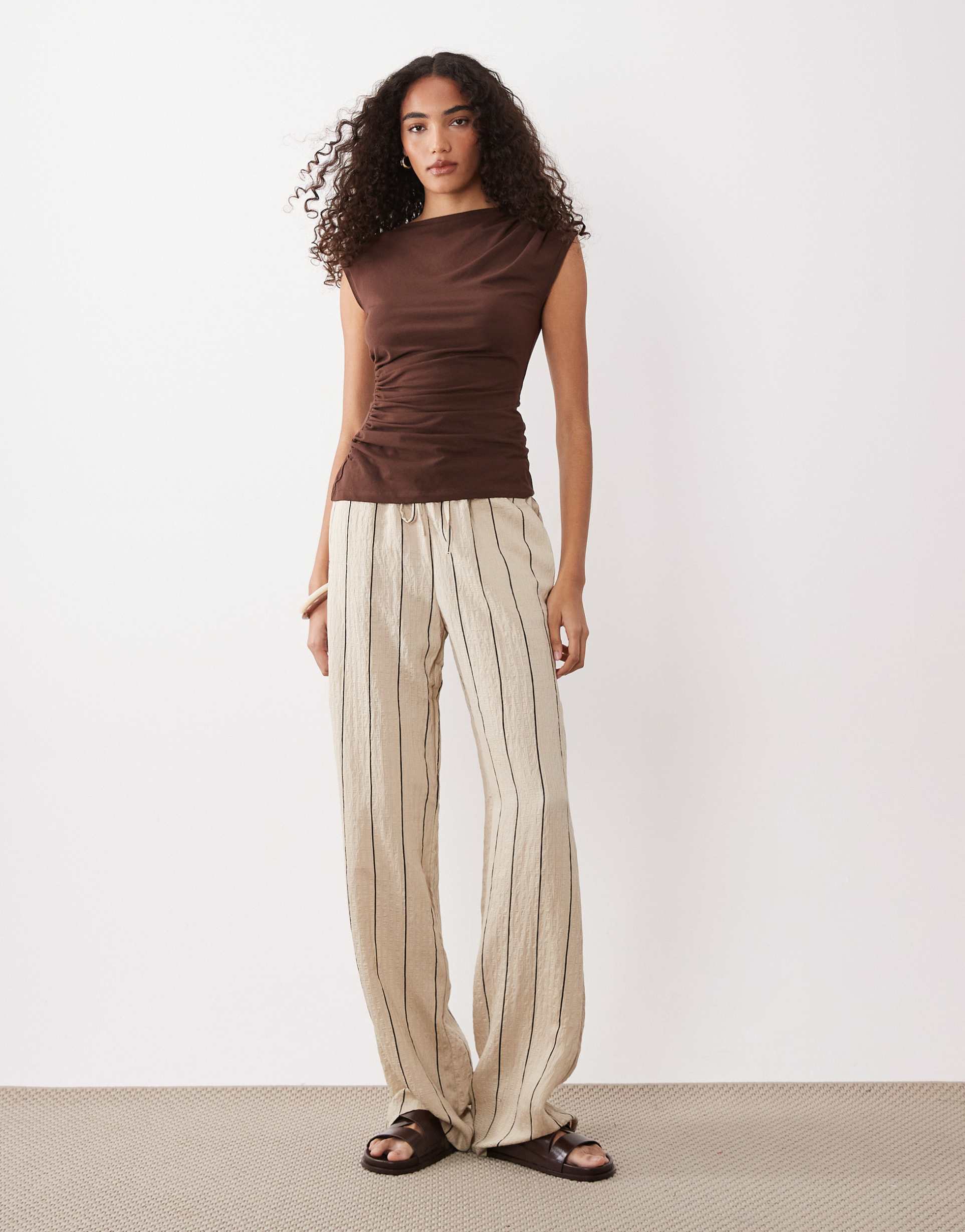 jdy tall wide leg pants in beige and black stripe