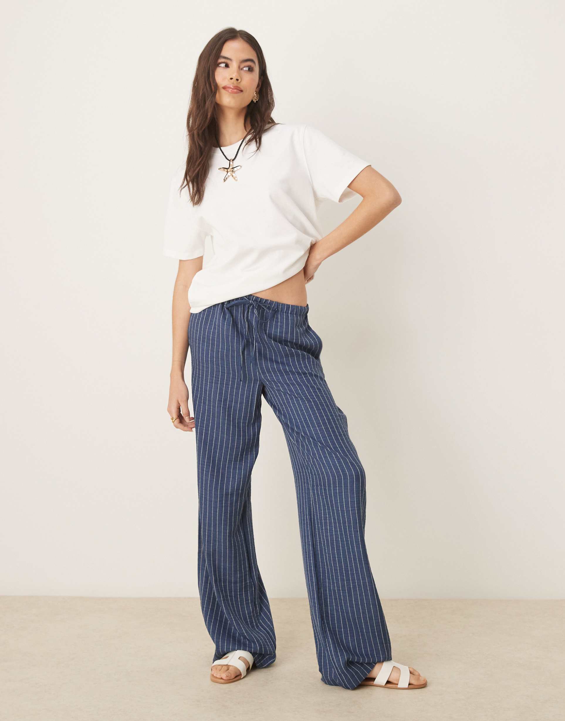 jdy tall wide leg pants in blue stripes