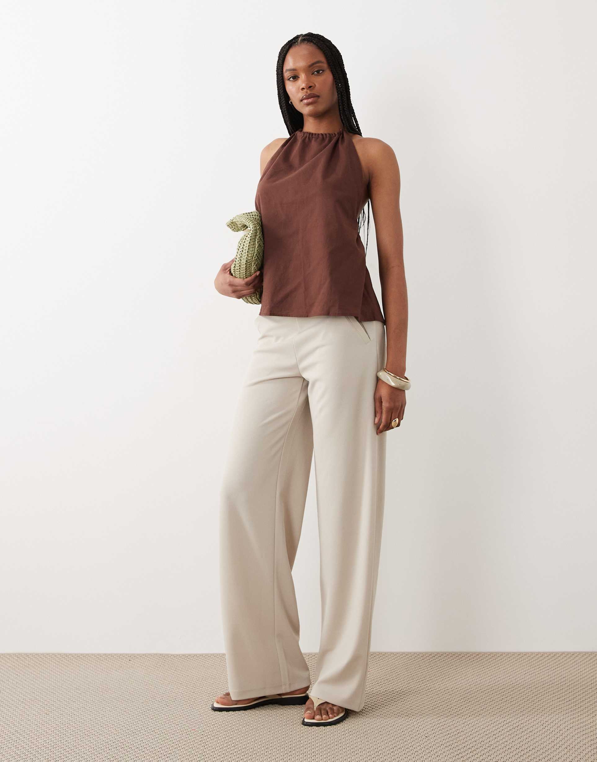 jdy tall wide leg tailored pants in beige