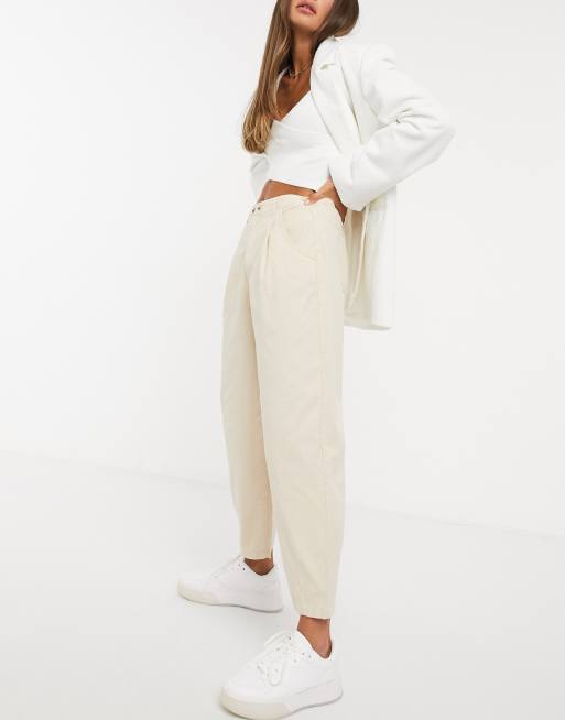 Mango elasticated waist wide leg trousers in white