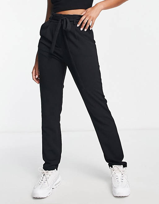 JDY tapered pants with paper bag waist in black