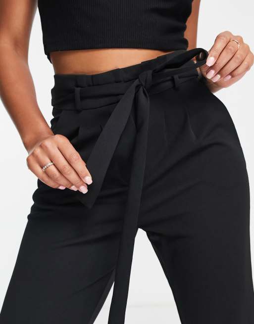 JDY tapered pants with paper bag waist in black, 3 of 4