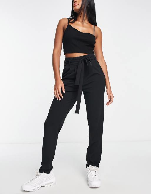 JDY tapered pants with paper bag waist in black, 4 of 4