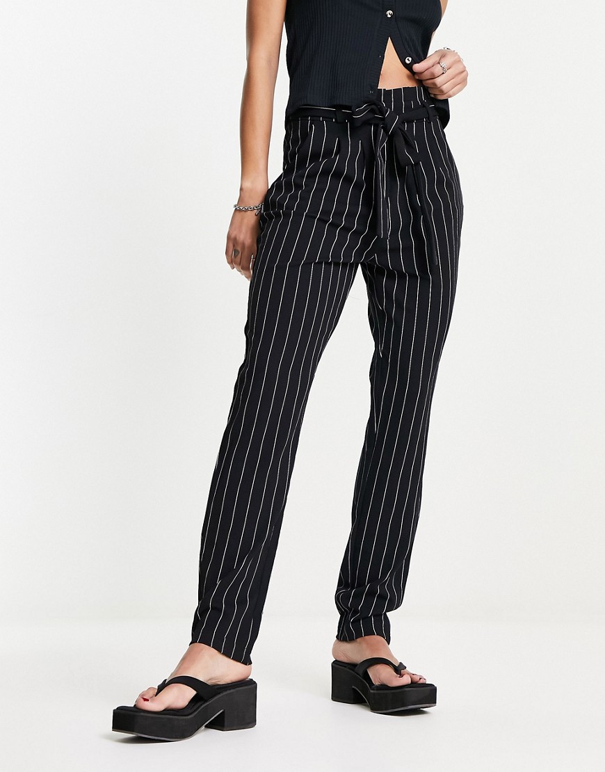 JDY tapered trousers with paperbag waist in black pinstripe