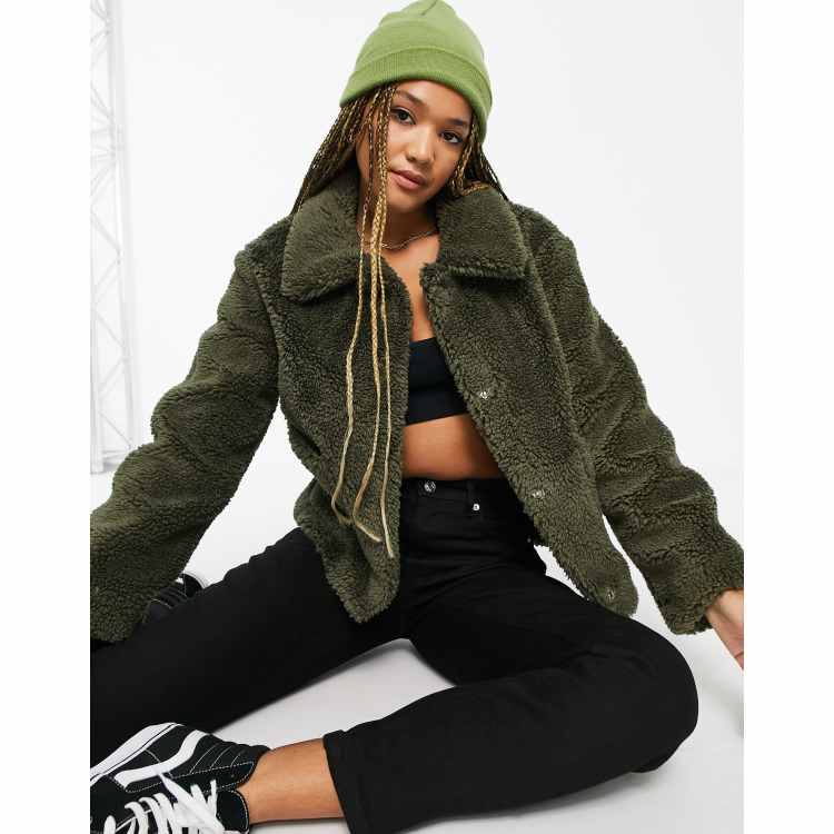 JDY teddy jacket with front pockets in khaki