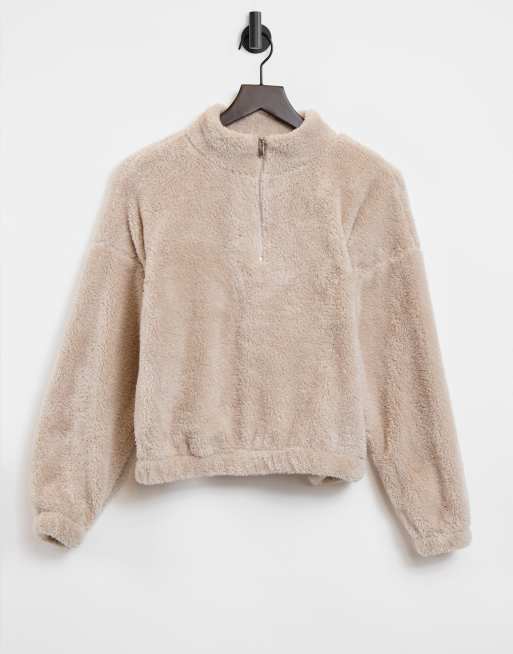 JDY teddy sweatshirt with zip front in beige
