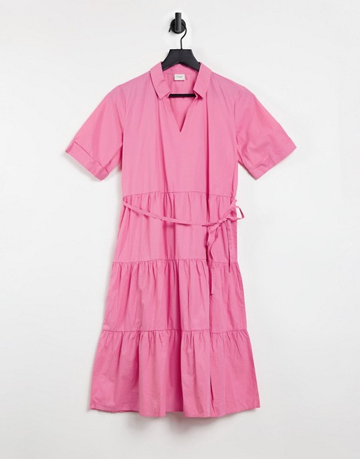 JDY Tesha midi smock dress with collar and tie waist in confetti pink