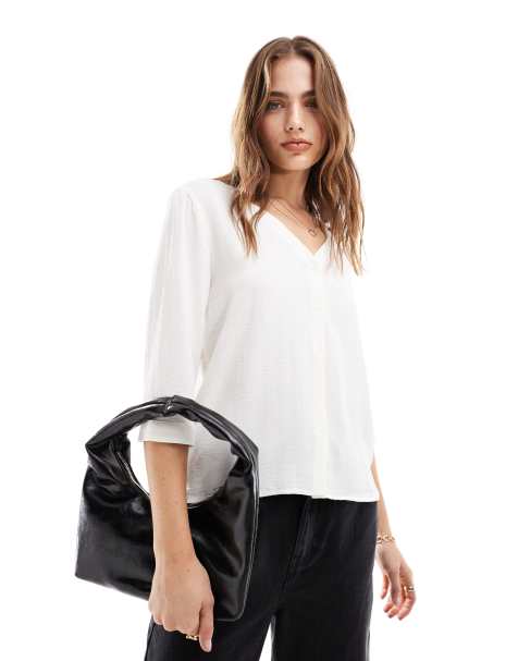 JDY textured 3/4 sleeve shirt in off white - view 1