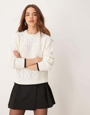 JDY textured contrast trim jumper in cream