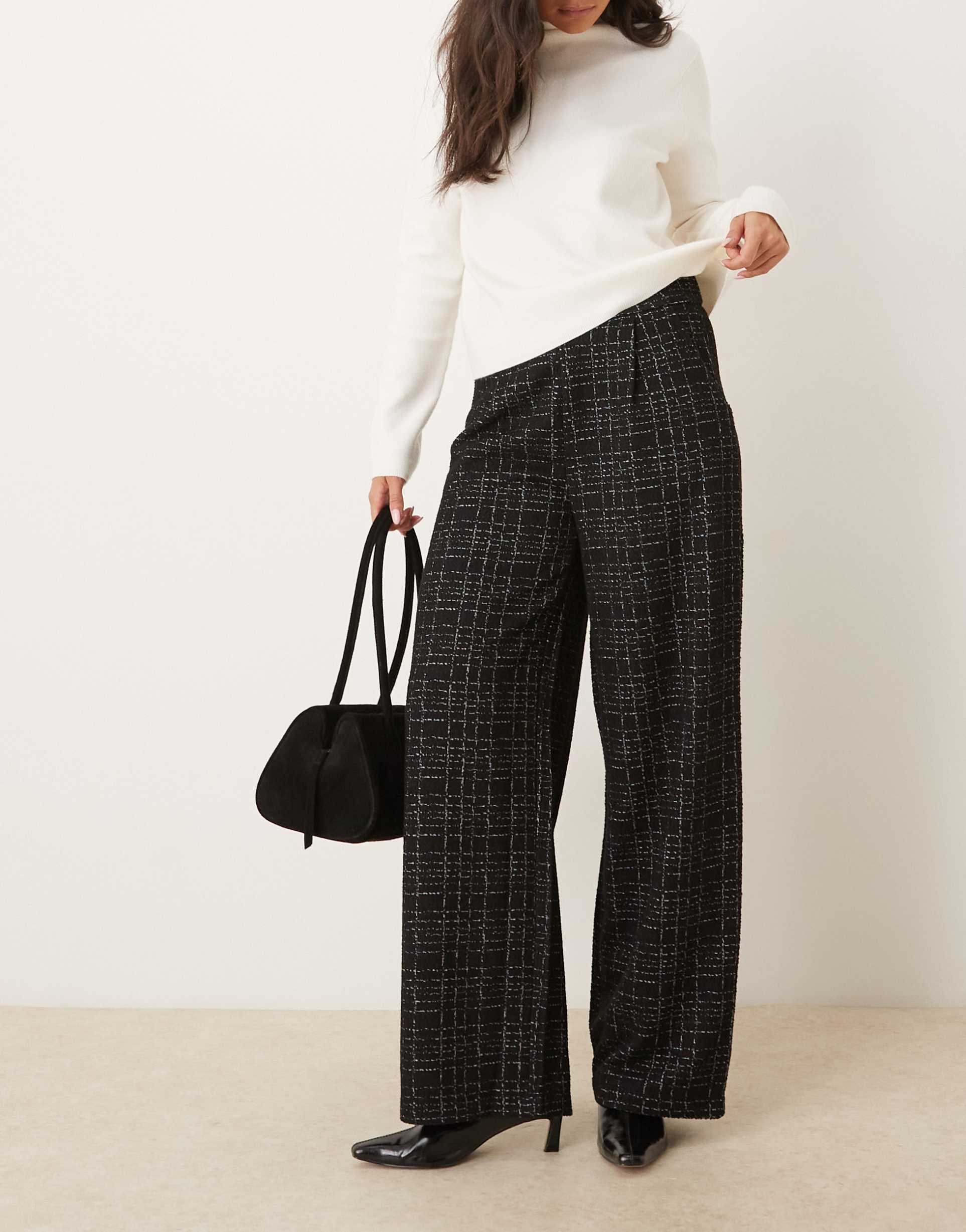 jdy textured high waist wide leg pants in black plaid