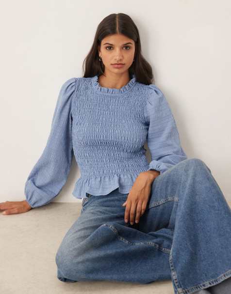 JDY textured long sleeve top in blue - view 1