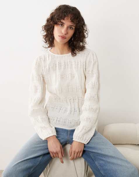 JDY textured long sleeve top in white - view 1