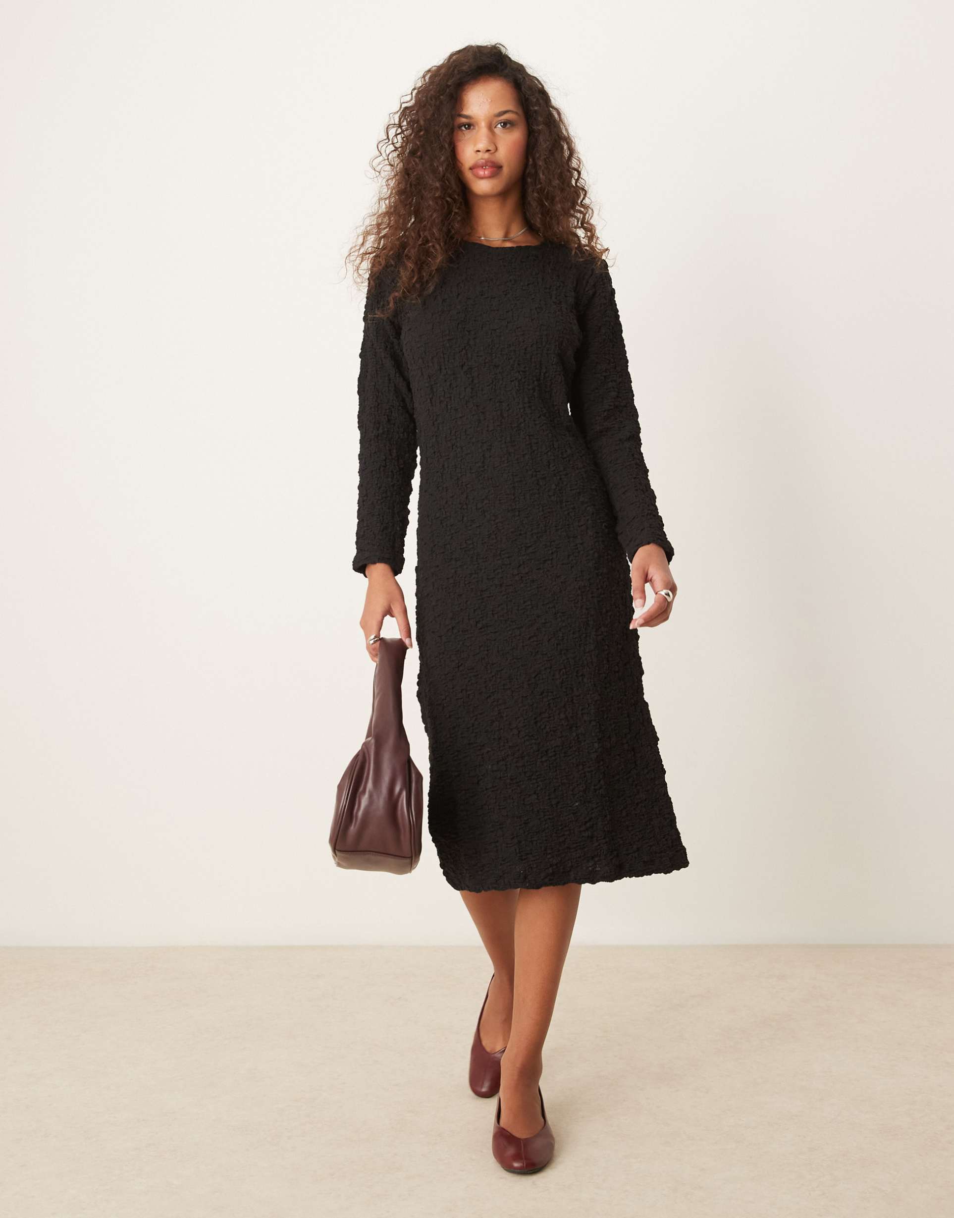 jdy textured midi dress in black