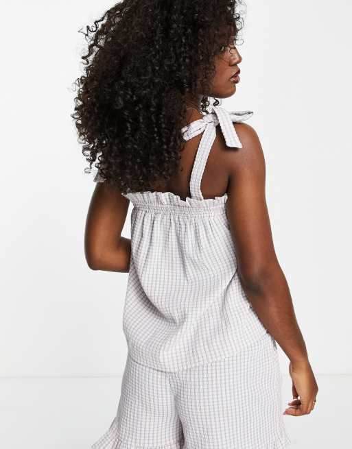 JDY textured tie cami smock top co-ord in cream check, 2 of 4