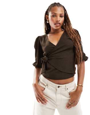 Jdy Textured Wrap Crop Top With Tie Front Detail In Brown