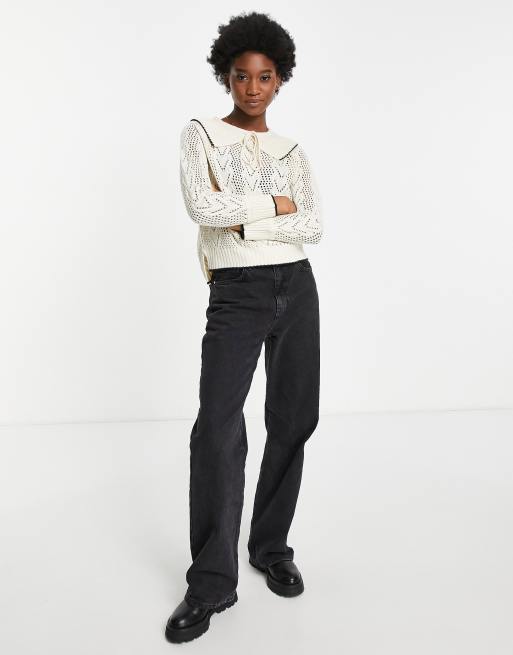 JDY tie collar detail pointelle jumper in cream, 3 of 4