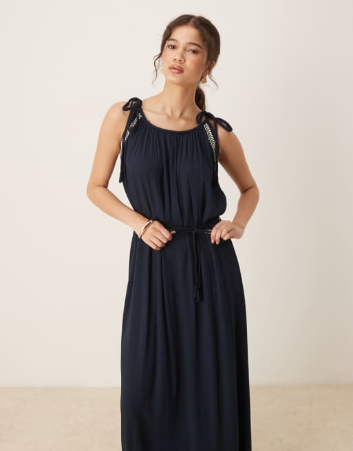 JDY tie detail strappy maxi dress in navy
