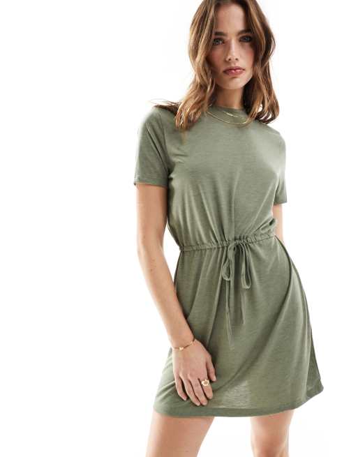 JDY tie detail t-shirt dress in green, 3 of 4