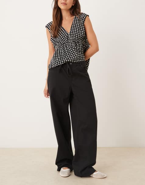JDY tie detail wide leg pants in black - view 1