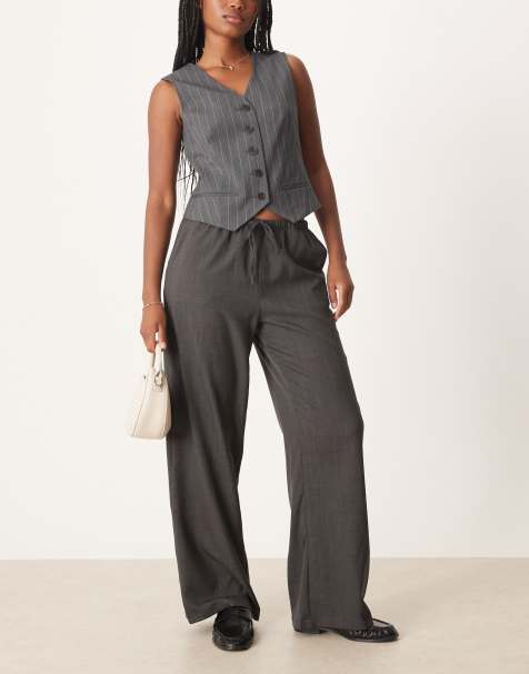 JDY tie detail wide leg pants in dark grey - view 1
