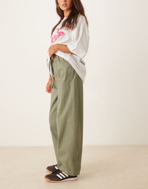 JDY tie detail wide leg pants in khaki, 3 of 4