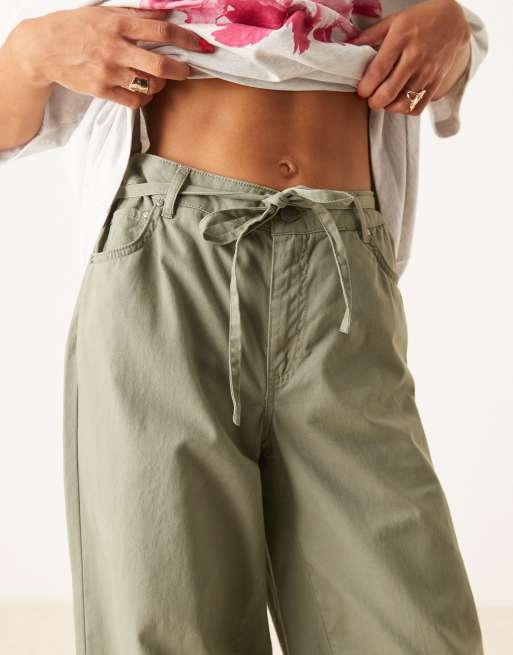 JDY tie detail wide leg trousers in khaki, 2 of 4