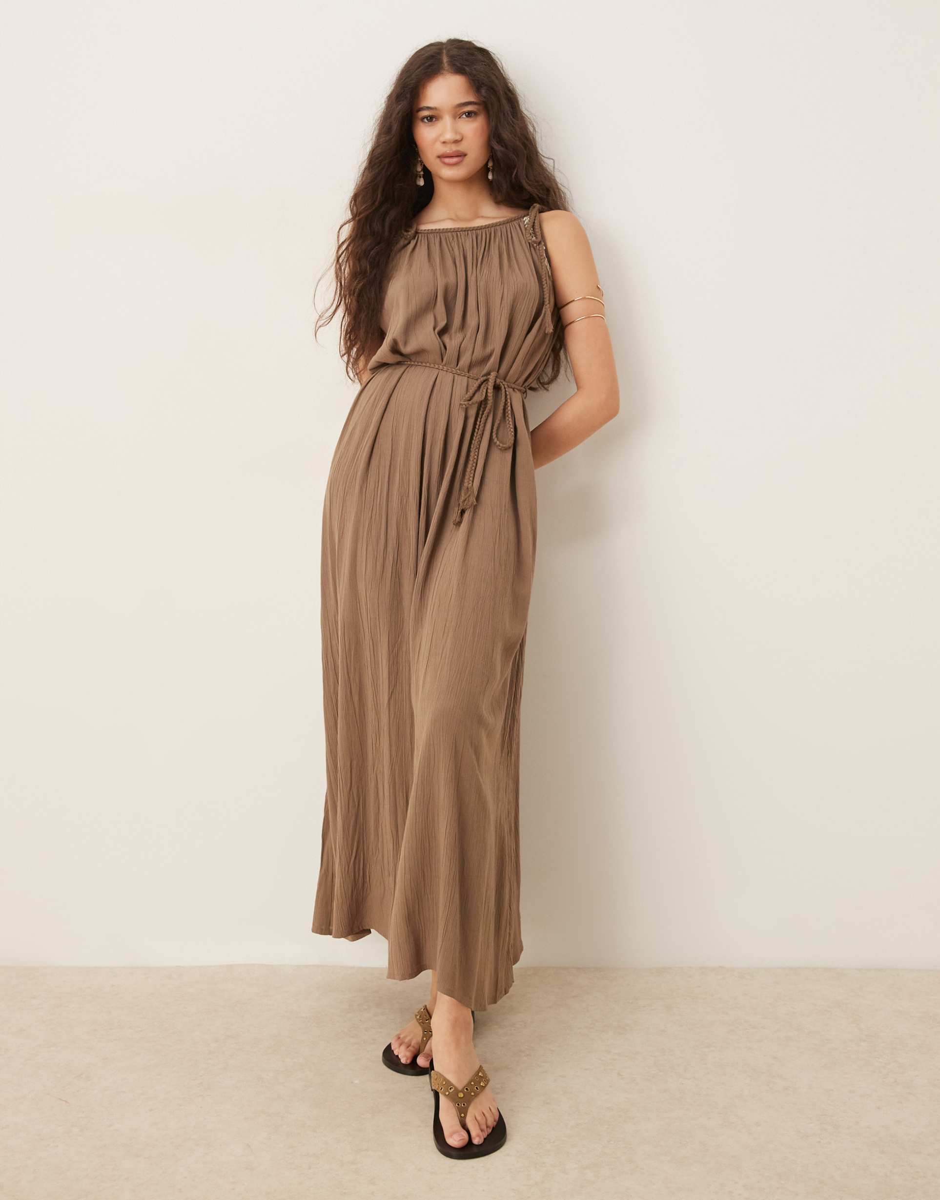 jdy tie details strappy maxi dress in beige
