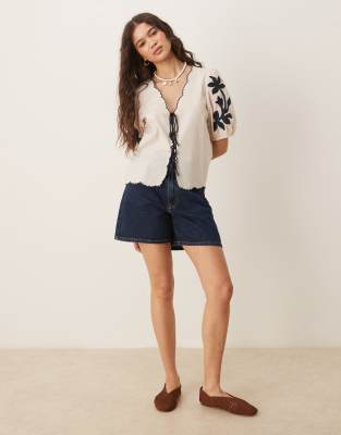 Jdy Tie Front Blouse With Blue Embroidery Details-white In Neutral
