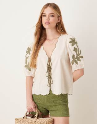 JDY tie front blouse with green embroidery details - view 1