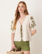 ASOS DESIGN shirred puff sleeves peplum hem top in ivory