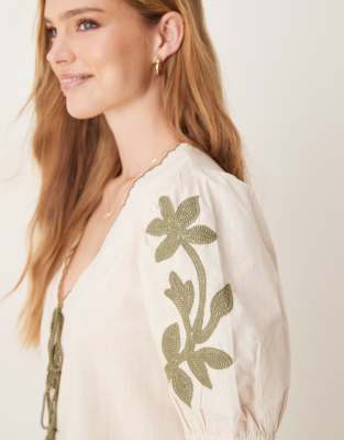 Jdy Tie Front Blouse With Green Embroidery Details-white In White