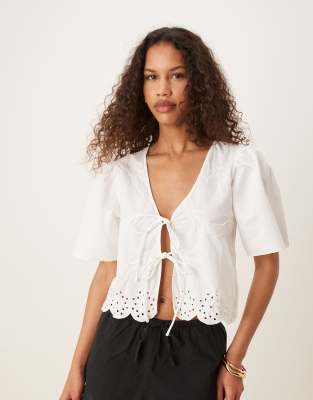 JDY tie front broderie cropped blouse in white | ASOS