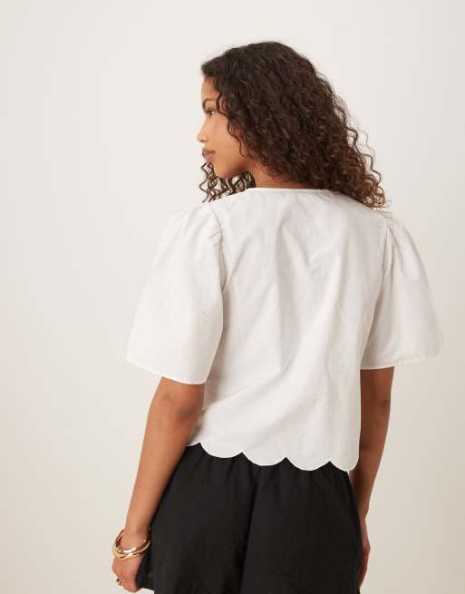 JDY tie front broderie cropped blouse in white, 2 of 4